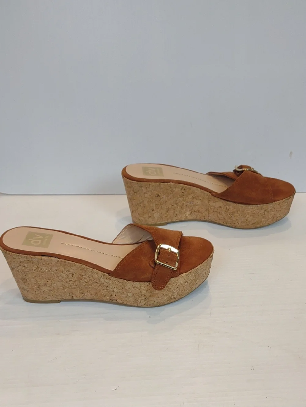 Dolce Vita Hazelwood Brown Suede Cork Wedge Slide with Gold-Tone Buckle Detail